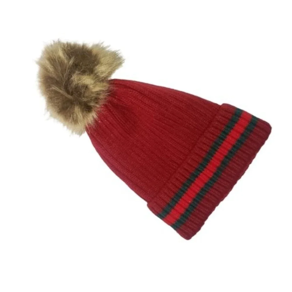 MAROON WINTER  FAUX FUR  POM POM HAT